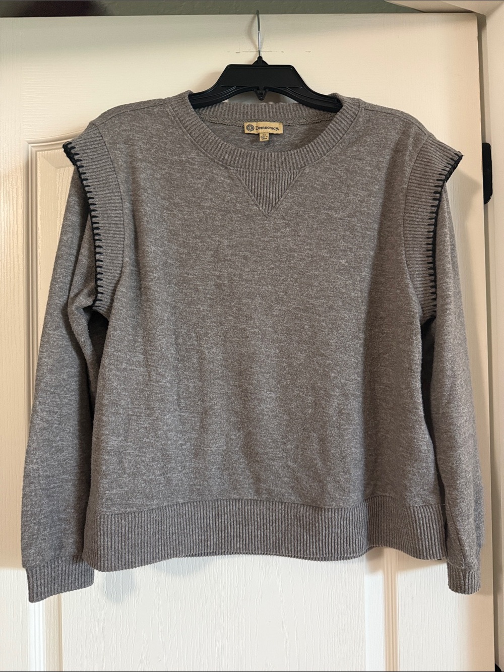 Democracy Gray Crewneck Sweater with Black Contrast Trim